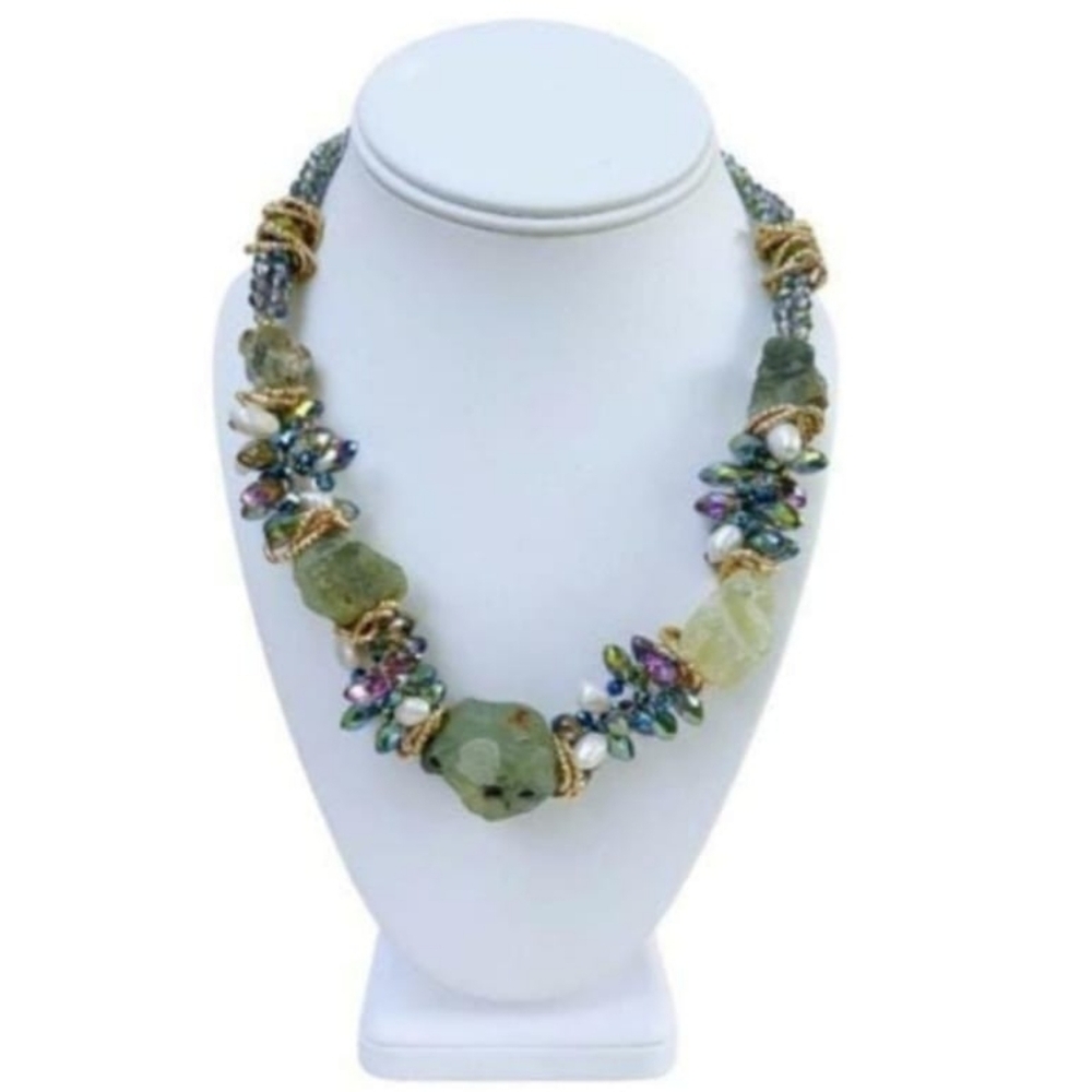 Raw Prehnite Statement Necklace: Gold-Plated